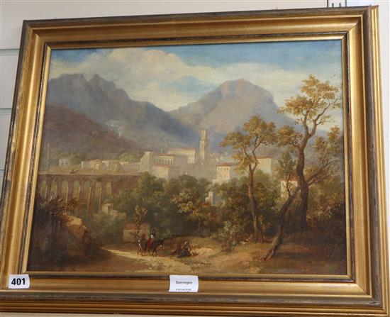 19th century English School, oil on canvas, Travellers in an Italian landscape, 36 x 36cm